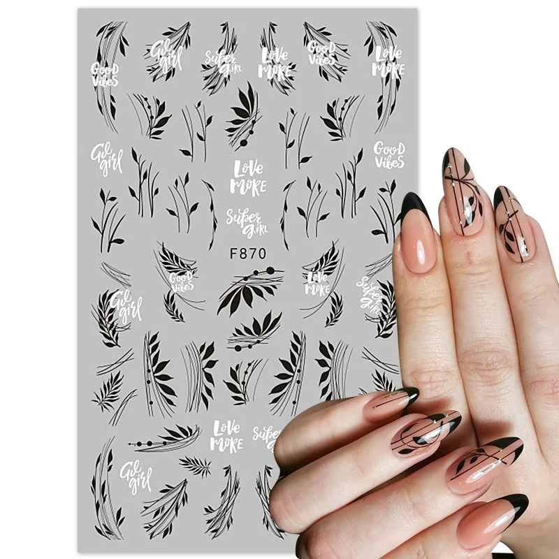 Butterfly Flower Cherry Nail Sticker Line Art Leaf Black White Nail Art Russian Water Transfer Decal Simple Nail Supplies