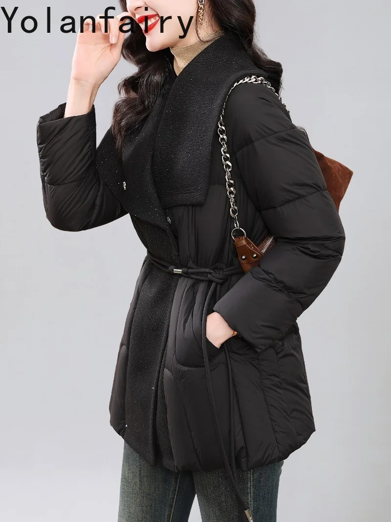 YOLANFAIRY Elegant 90% White Duck Down Jacket Women Winter Warm Mid-length Puffer Coats Cinched Waist Down Coat Abrigos De Mujer