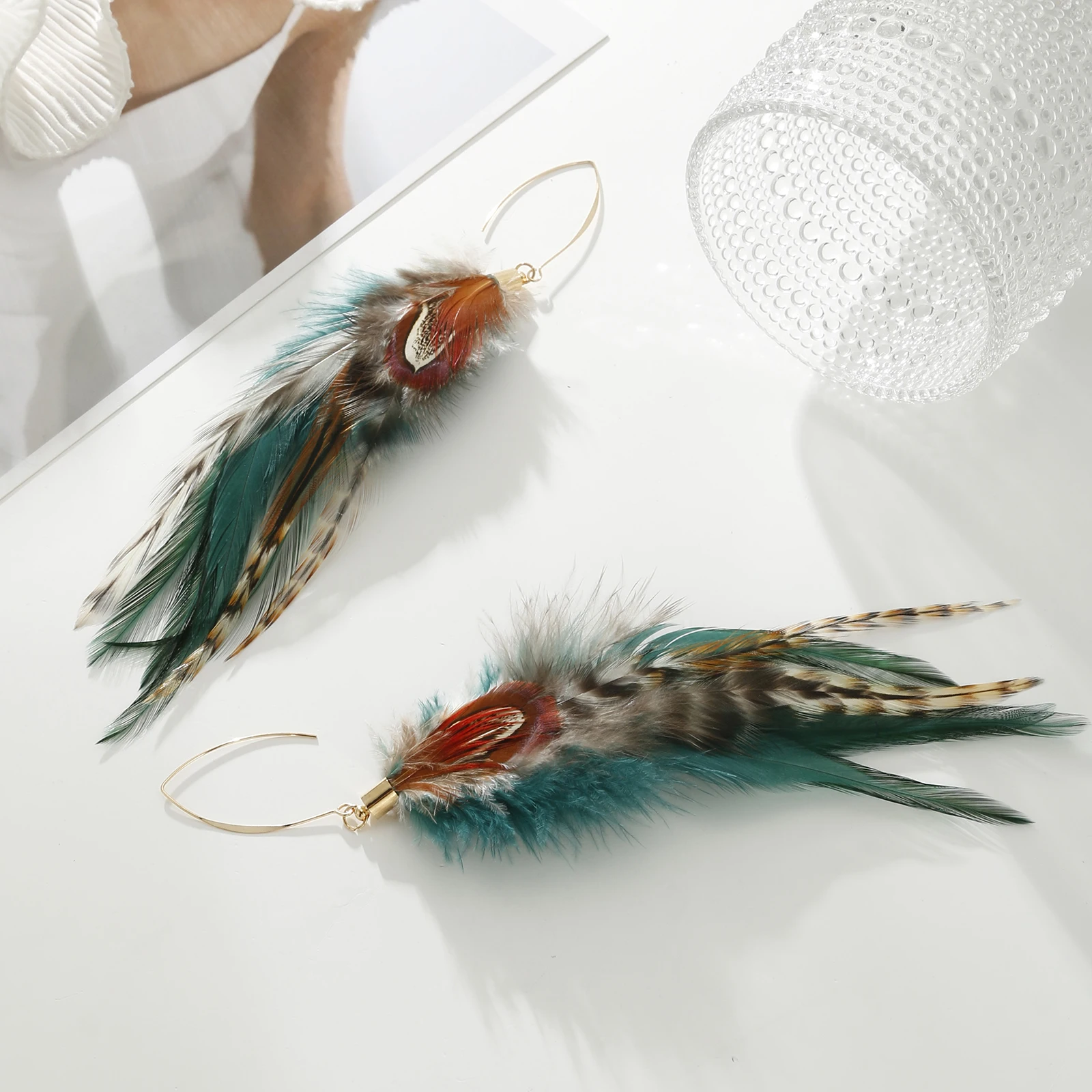 lureme Bohemian Style Multicolor Pheasant Feathers Dangle Earrings for Women Girls Large Feather Drop Earrings(er006405-1)