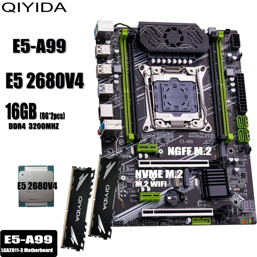 طقم اللوحة الأم E5 A99 ، Xeon ، E5 ، V4 ، 2x8GB = 16GB ، MHz ، 4 قنوات ، DDR4 ، SATA ، Nvme M.2 ، ATX