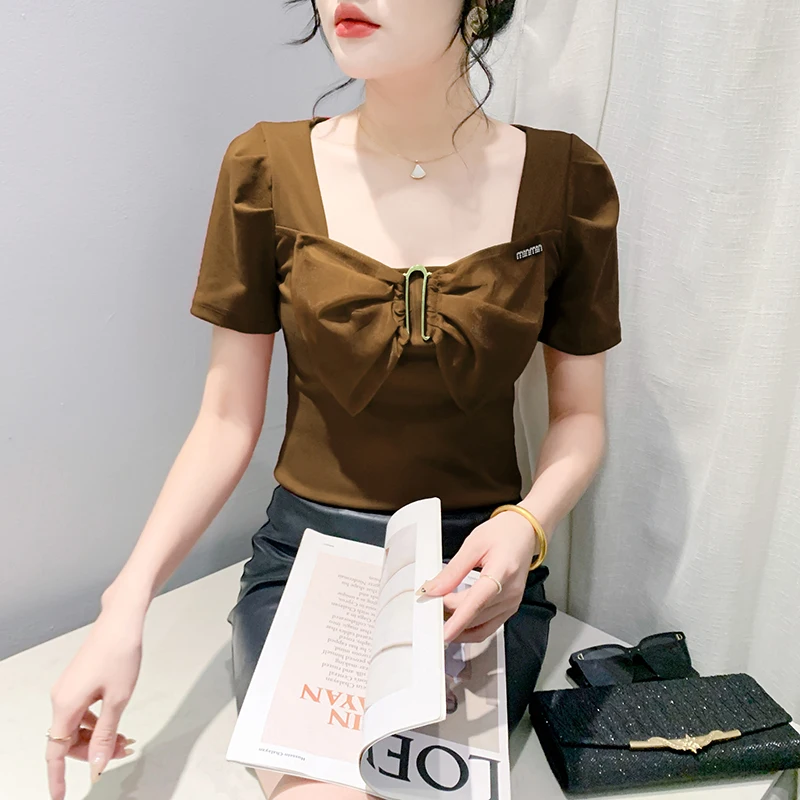 2024 New Summer European Clothes T-Shirt Chic Sexy Square Collar Patchwork Bowknot Women Tops Short Sleeve Pullover Tees 45039