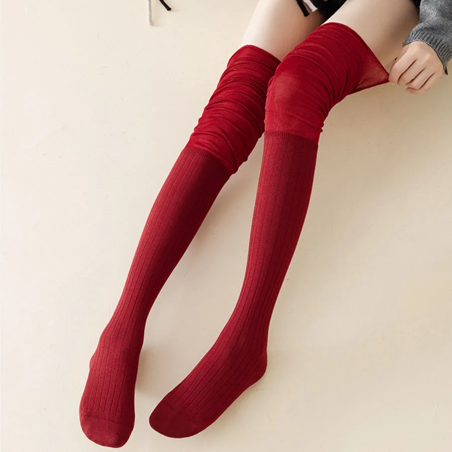 2 Pairs Women's Over Knee Slouch Socks Soft Patchwork Thigh High Stockings Fashion Solid Color Leg Warmers for Mini Skirts
