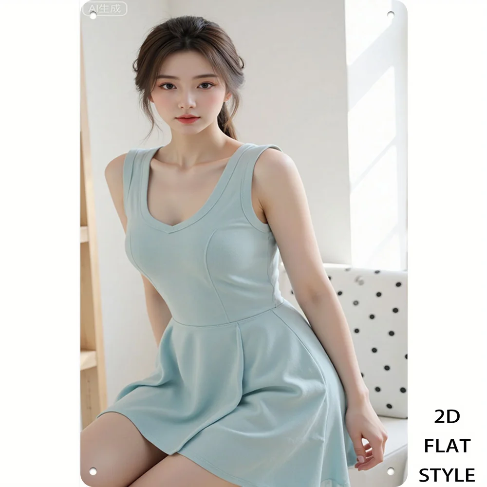 2D Metal Tin Sign, Girl In Light Blue Dress Printed Aluminum Decor, Wall Art for Room, Home, Living Room & Birthday Gift