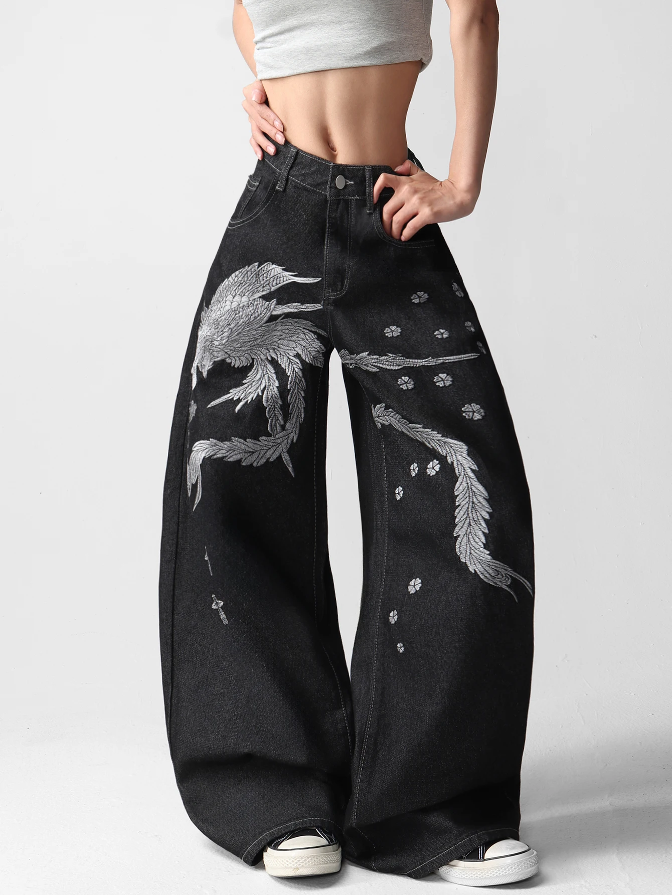 

1 Pc American-Style Heavy-Duty Embroidered Loose Jeans, Street Hip-Hop Trendy Fashionable Black Wide-Leg Pants For Women
