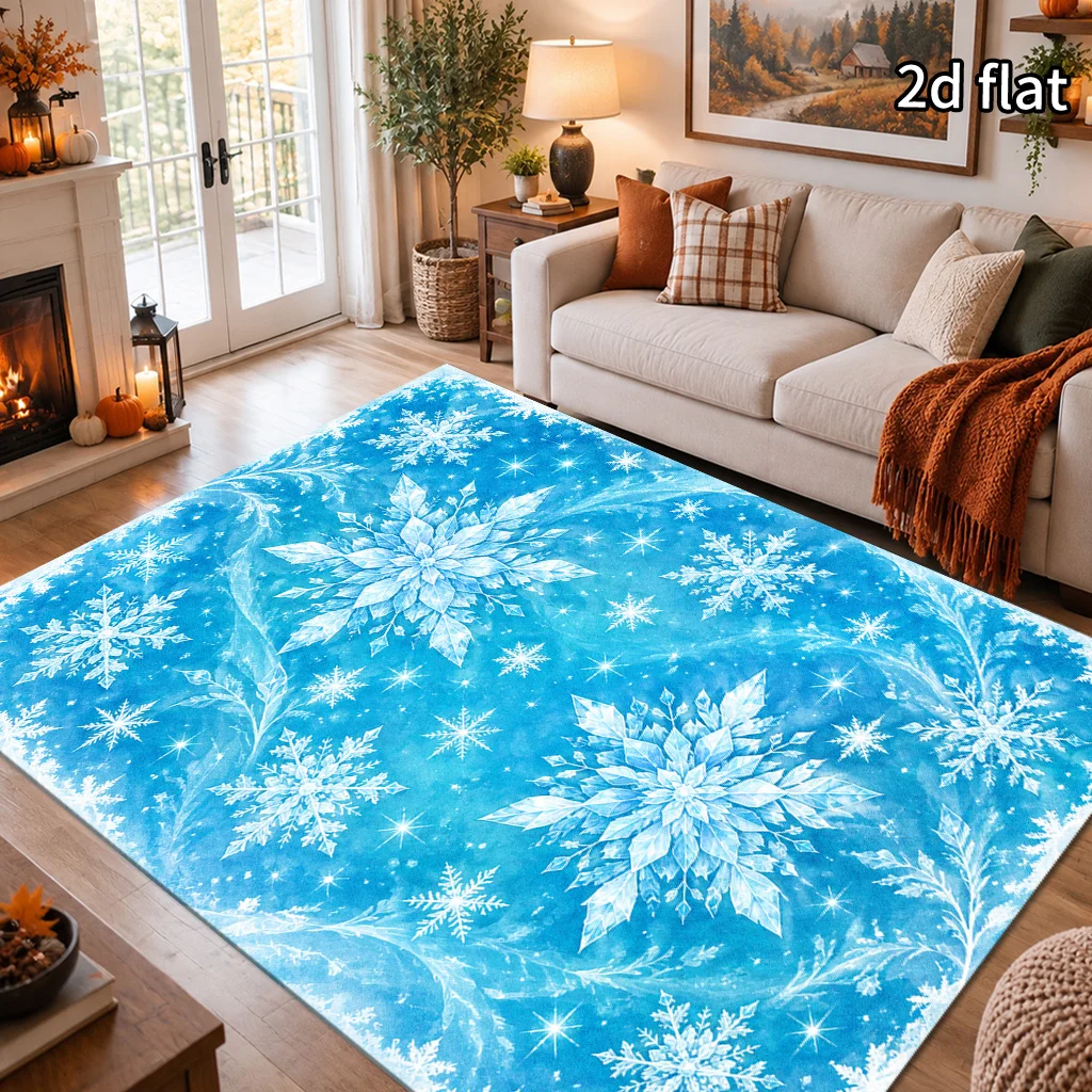 Bright Cyan Ice Crystal Snowflake Christmas Area Rug Sparkle Star Glow Snow Flake Print Floor Mat Cool Tone Frozen Theme Carpet