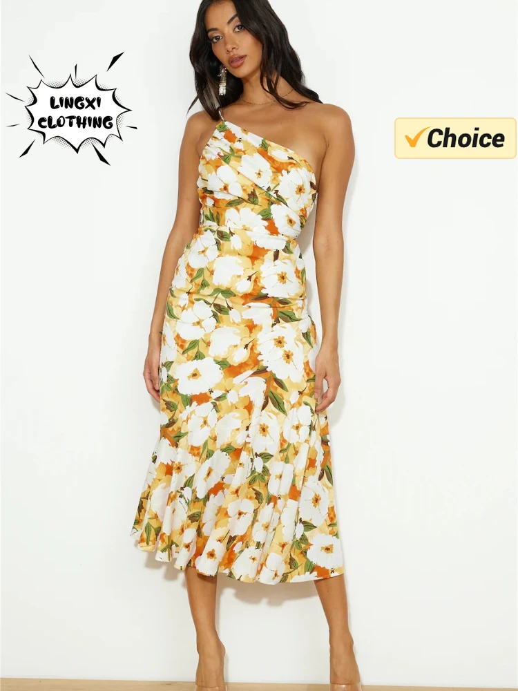 Summer Fashion Summer Skew Shoulder Print Holiday Style elegante abito Sexy da donna temperamento Beach abito lungo a coda di pesce da donna