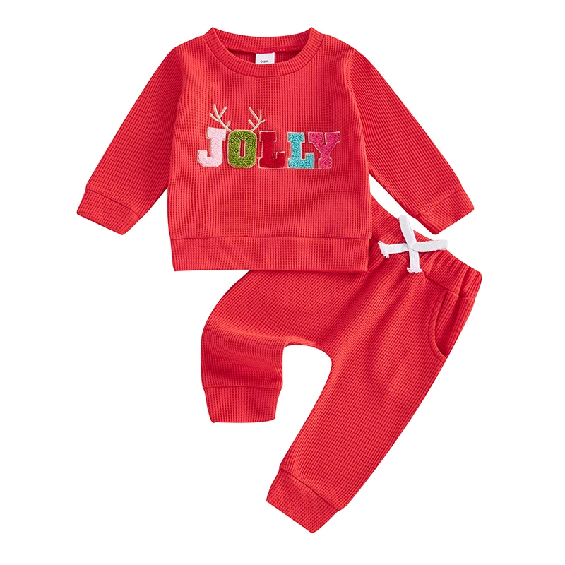 Baby 2Pcs Christmas Outfits Long Sleeve Antler Letter Embroidery Sweatshirt and Pocket Pants Set Winter Clothes