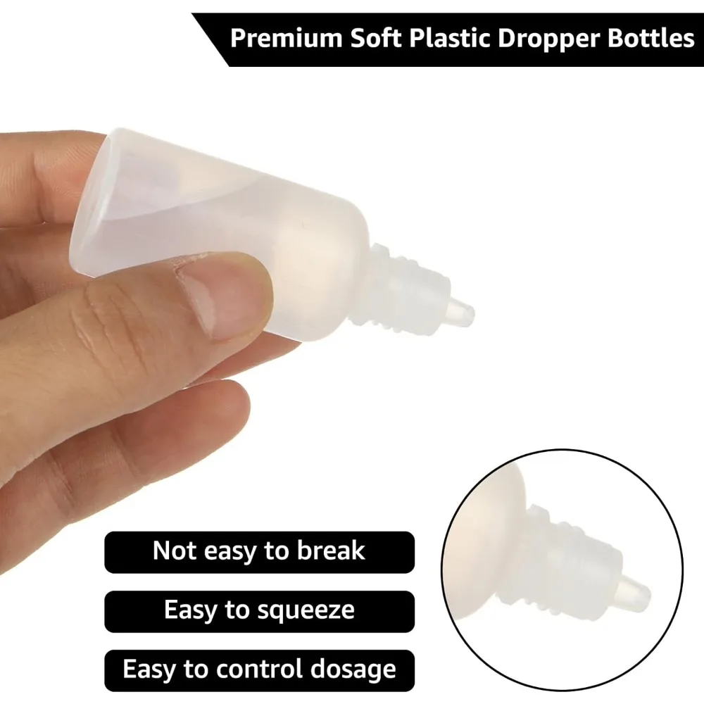100 Stück 3-50ml Plastik-Tropfflaschen mit schwarzem Verschluss, leere, quetschbare Augenflüssigkeitsflaschen für Farbproben, ätherische Öle, mit Trichtern – Detail 3