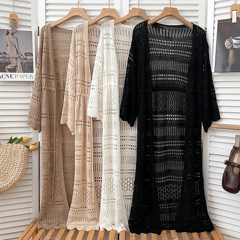 New Solid Summer Knitted Cardigan Long Sleeve Sweater Women Hollow Out Casual Bandage 2024 Loose Medium-long Cardigans Mujer