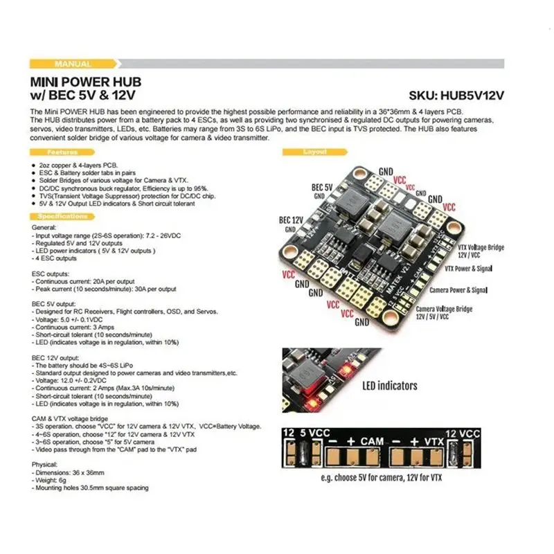 BTLIFE-5X لـ Matek Mini Power Hub لوحة توزيع الطاقة PDB مع BEC 5 فولت 12 فولت لـ FPV QAV250 ZMR250 Multicopter Quadcopter