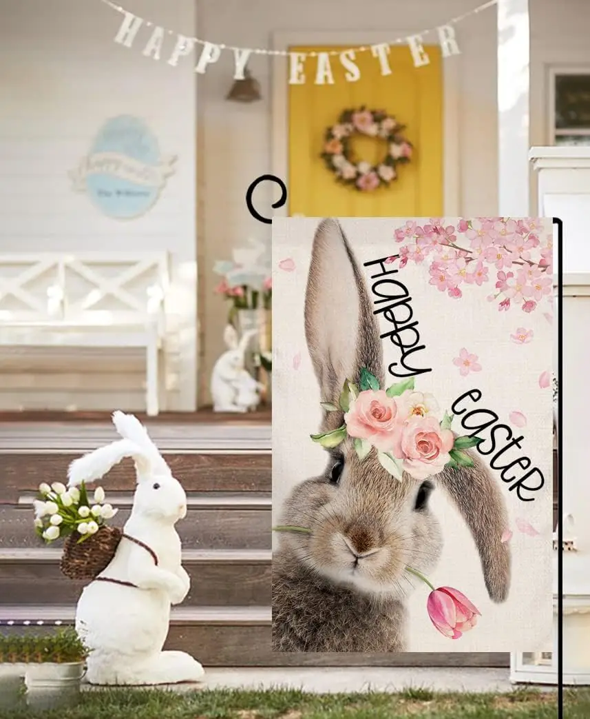 Easter Bunny Garden Flag 12x18 Vertical Double Sided Gray Rabbit Spring Floral Tulip Farmhouse Holiday Outside Decorations Burla