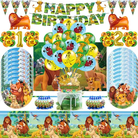 라이온 킹 생일 파티 장식 Simba 식기 세트 접시 컵 냅킨 식탁보 풍선 배너 소년을위한 테마 선물