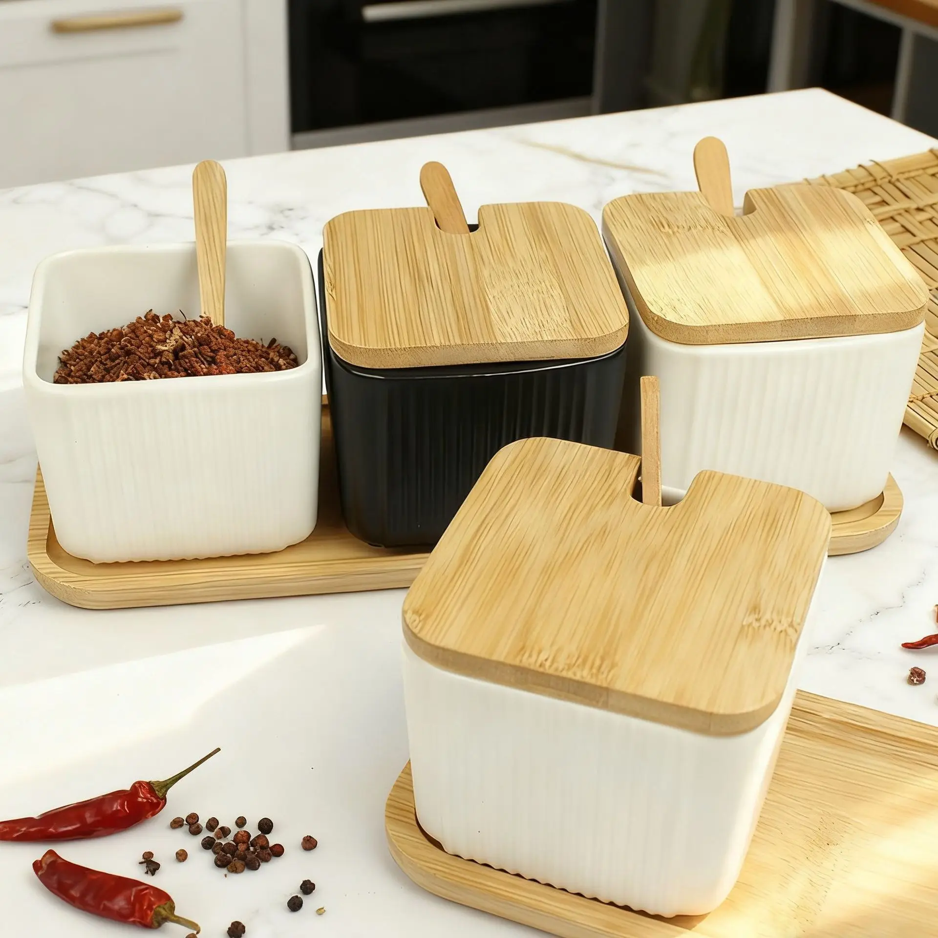 White ceramic spice jars for kitchen jars with bamboo lids