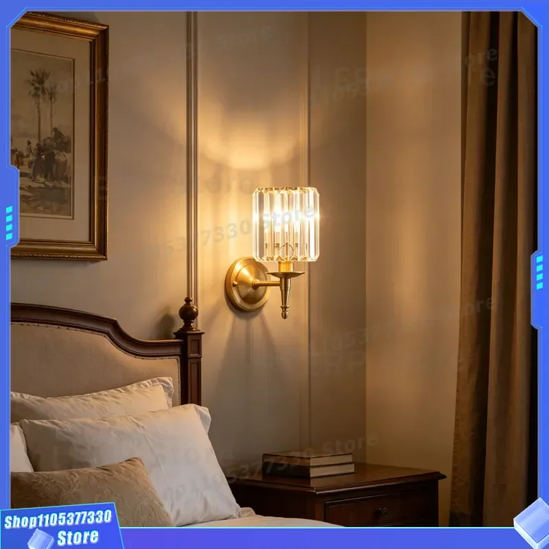 Modern Light Luxury Crystal Wall Lamp American Style Full Copper Bedside Lighting Nordic Minimalist Bedroom Living Room Decor