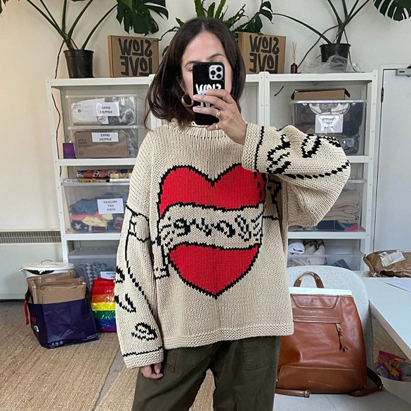 Sweaters Warm Knitted Fashion Love Pattern Punk Clothes Vintage Top Goth Winter Men's Sweater lovers Women Pullover Streetwear