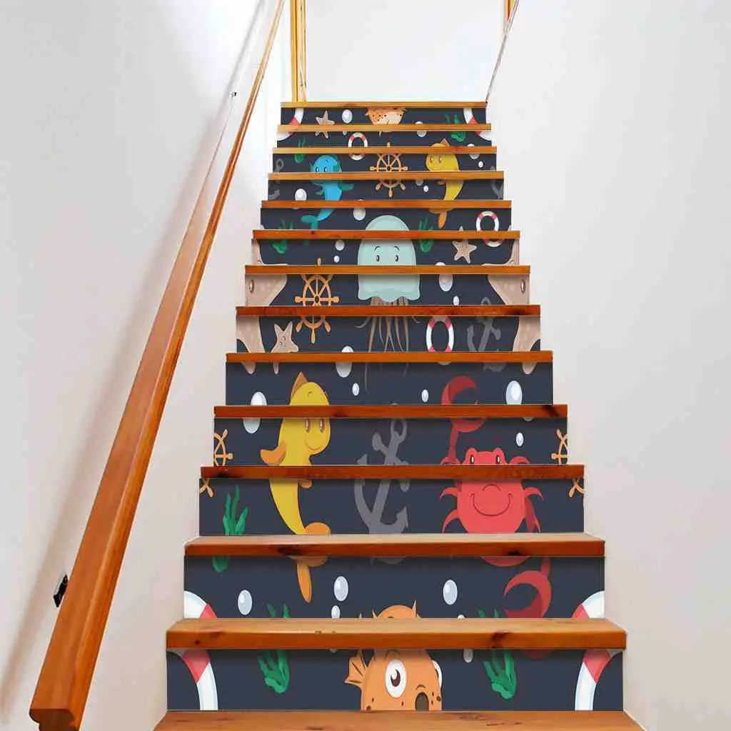 Cartoon Fish Stair Stickers Cute Ocean Clownfish Staircase Decals Color Marine Life Stairway Risers Murals Home Decor Removable