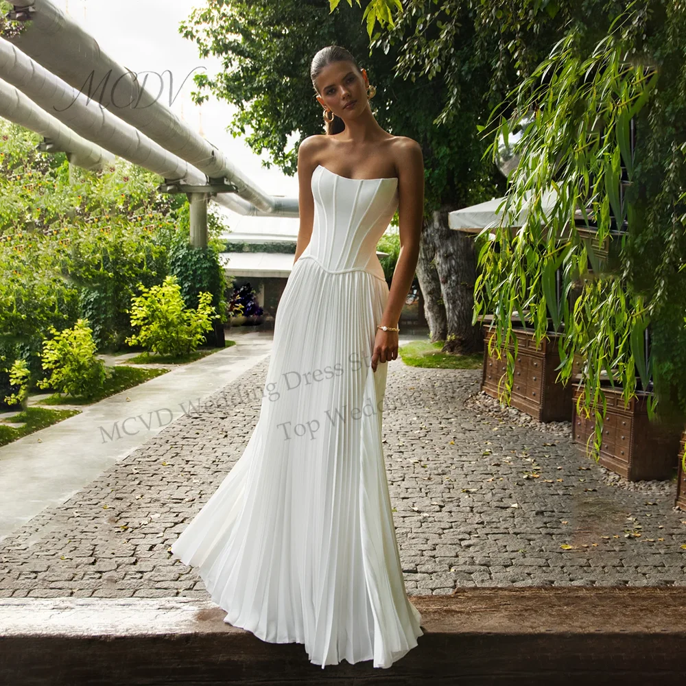 Vestidos de novia plisados sin tirantes, vestido de novia de gasa con corte en A, largo hasta el suelo, personalizado, vestido de novia para bodaVestidos de novia plisados sin tirantes Corset A-Line Chiffon vestido de
