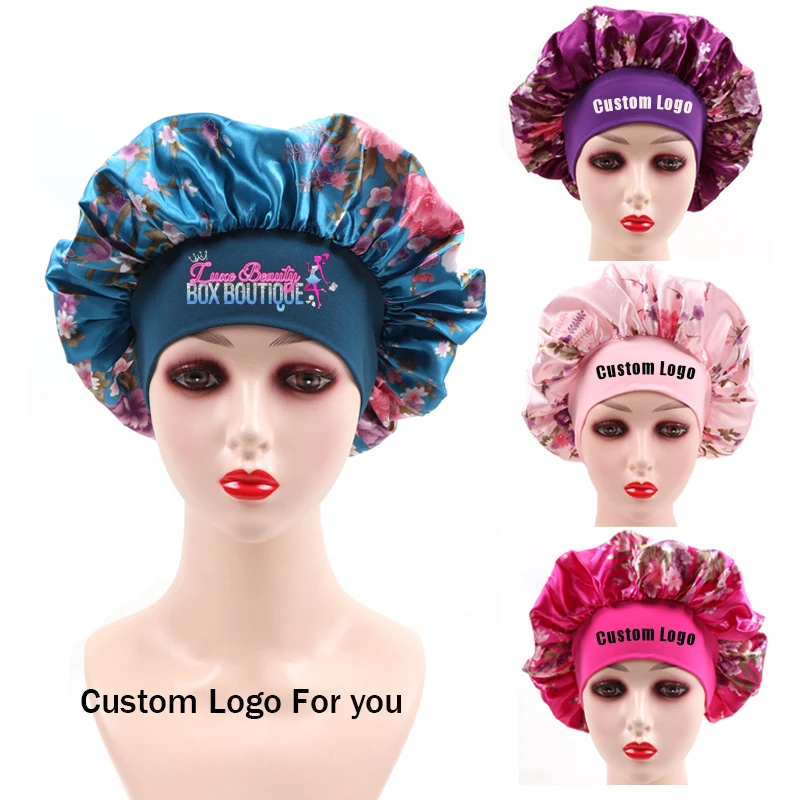 Custom Logo Satin Bonnets 5Pcs Elastic Band Large Satin Bonnet Sleeping Cap Women Print Night Sleep Cap Soft Hair Protection Cap