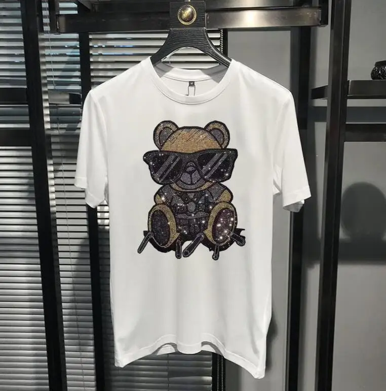 2025 Estate Manica corta T-shirt Abbigliamento donna Orso cartone animato Strass 100% cotone Moda Streetwear O Collo Maglietta da donna