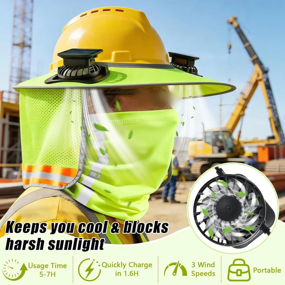 Hard Hat Sun Shade Kit with 2 Dual Driver Fans Solar or USB Powered Full Brim Mesh Cape for Construction Workers