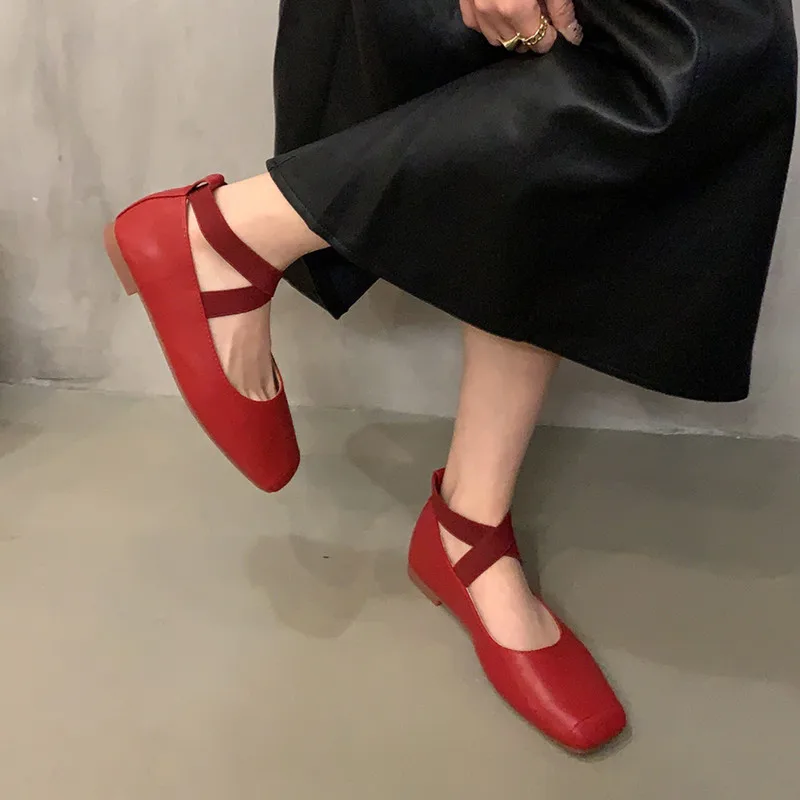 Bailamos 2023 New Red Womens Flats Fashion Square Toe Shallow Ladies Ballet Shoes Soft Flat Mary Jane Shoes Casual Loafers Mujer