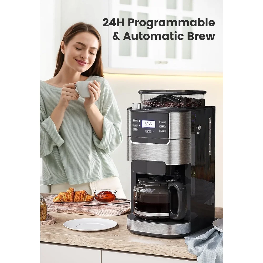 Koffiemolen, 10-Cup & 1.5l Waterreservoir, Programmeerbaar Malen & Brouwen, Houd Warme Braammolen Combo, Koffiebonenmolen