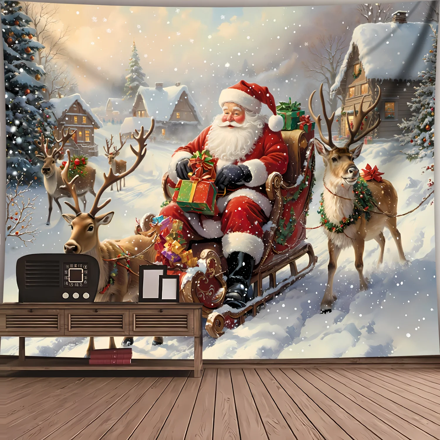 VIKAMA Christmas Wall Hanging Santa's Sleigh with Reindeer Tapestry Living Room, Bedroom, Office, Home Decor, Party Accent