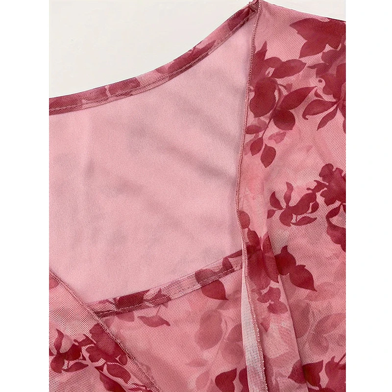 Zomer Dames Y2k Bloemenprint Zoete V-hals T-shirts Mesh Strand Feestjurk Top Flare Mouw Vierkante Kraag Lace Up Shirt 2025