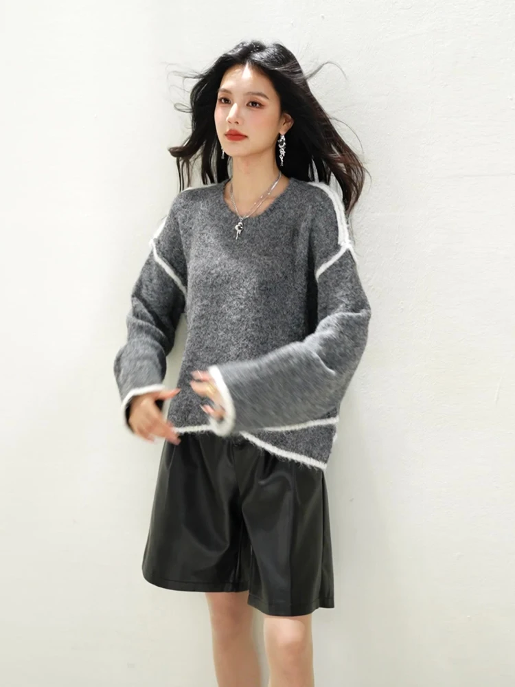 Mulheres camisola arco-íris outono inverno cor-bloqueio curso fungo pulôver de malha o-pescoço botão manga longa topo feminino sw016