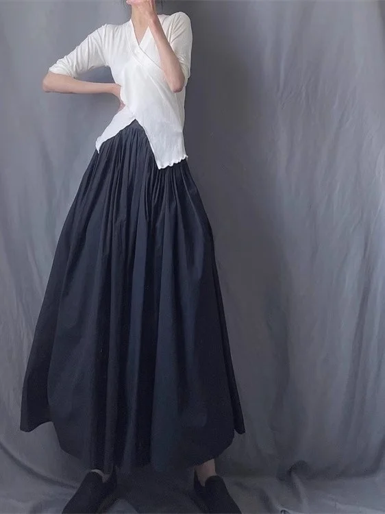 Jupe trapèze taille haute pour femmes, jupe Maxi d'été élastique à ourlet large, Bla blanc mat, Design de trajet