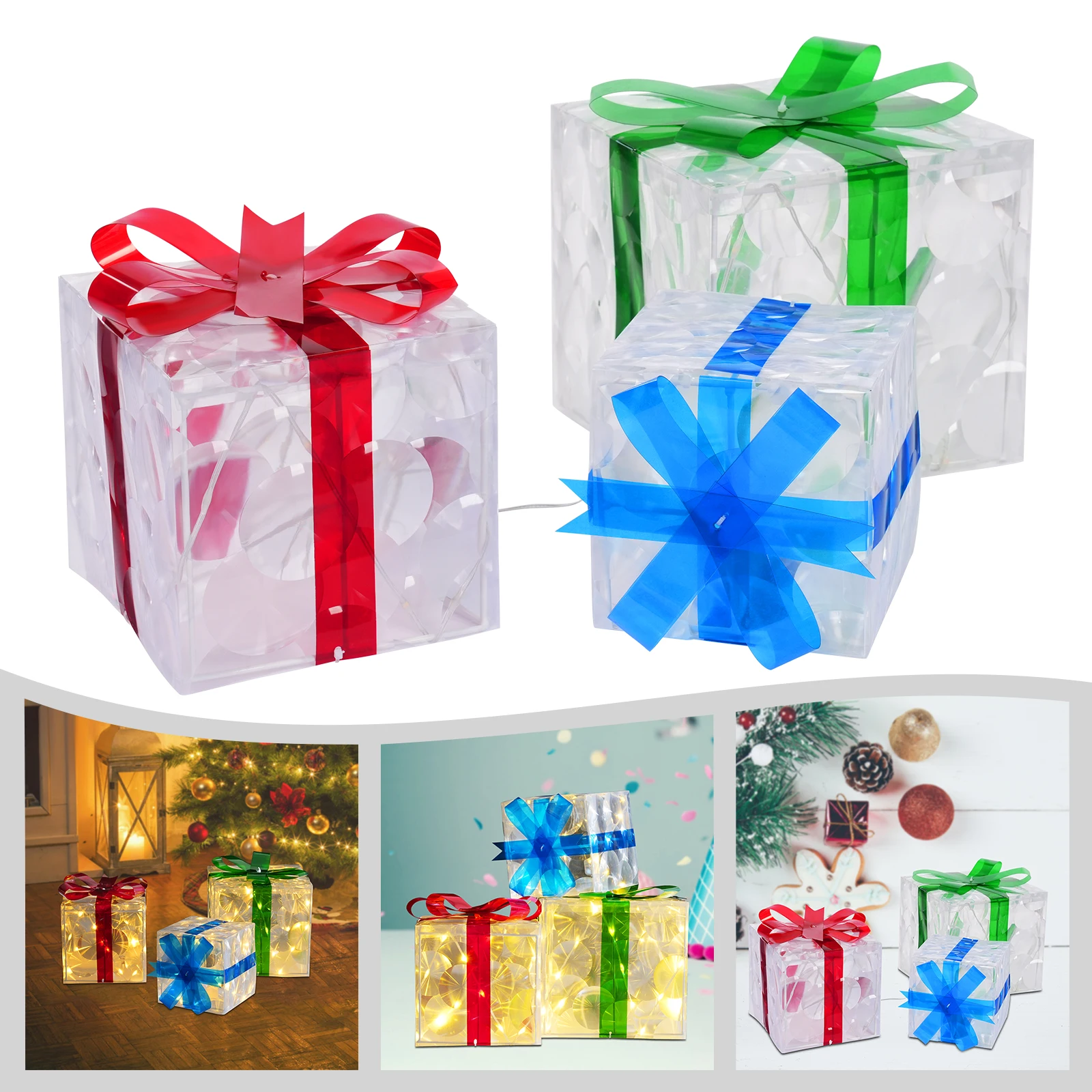 3Pcs Lighted Gift Boxes Christmas Decorations Gift Case Ornament Box for Christmas & Party Decor Transparent Boxes with Light