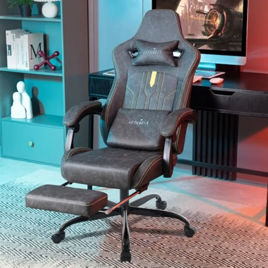 Gaming chair with footrest for home office use, PU leather in black, ergonomic design with massage lumbar cushion and adjustabl
