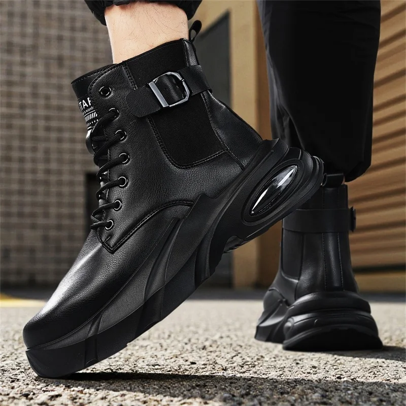 

Thick-soled Flat Men's Large-sized Lace-up Solid Color High-quality Leather Workwear Trendy Outdoor Motorcycle Casual Shoes