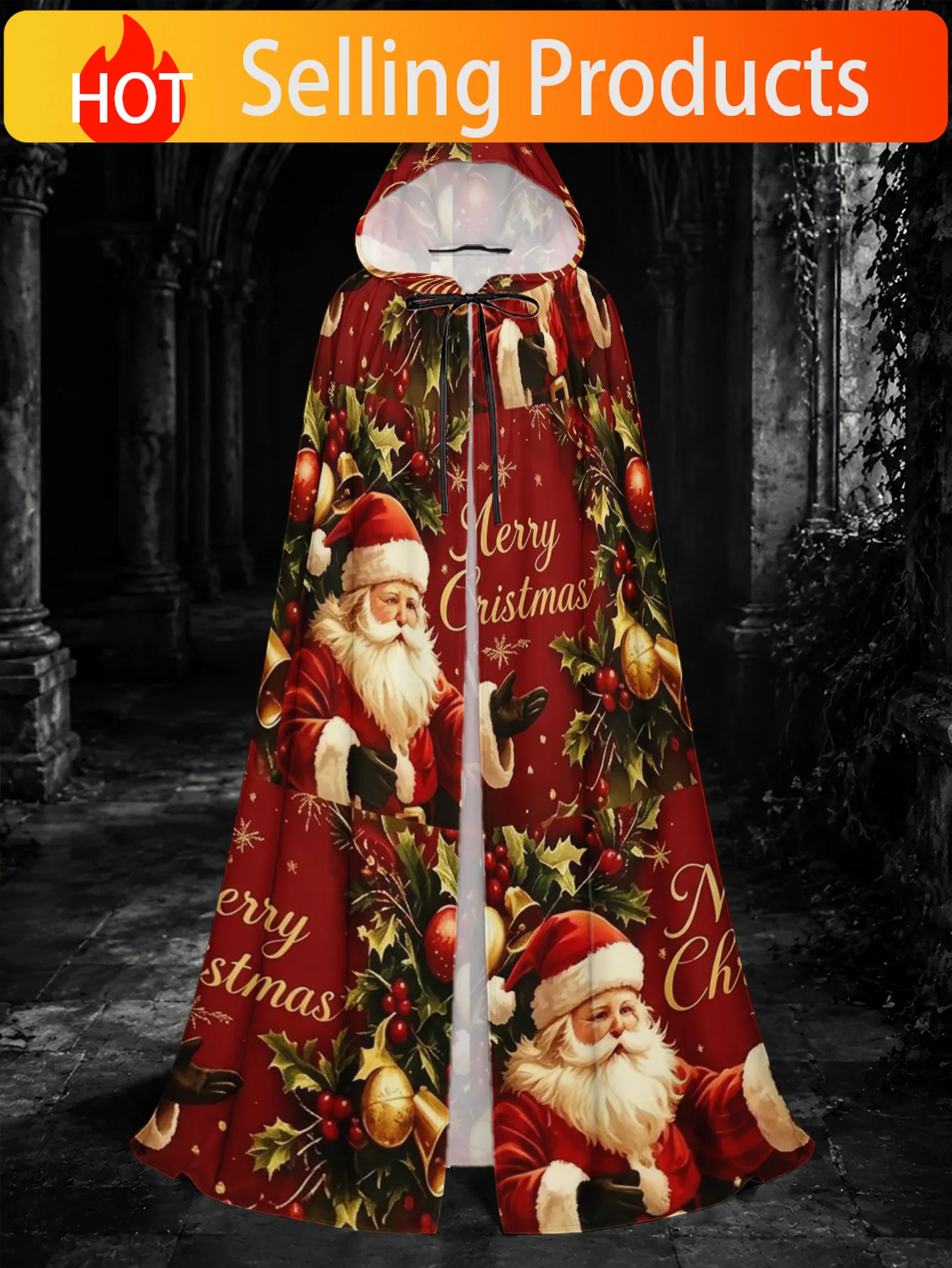 1pc, Unisex Polyester Hooded Robe with Merry Christmas Santa Elements, Full-Length Cloak for Halloween Haunted Nights and Christ