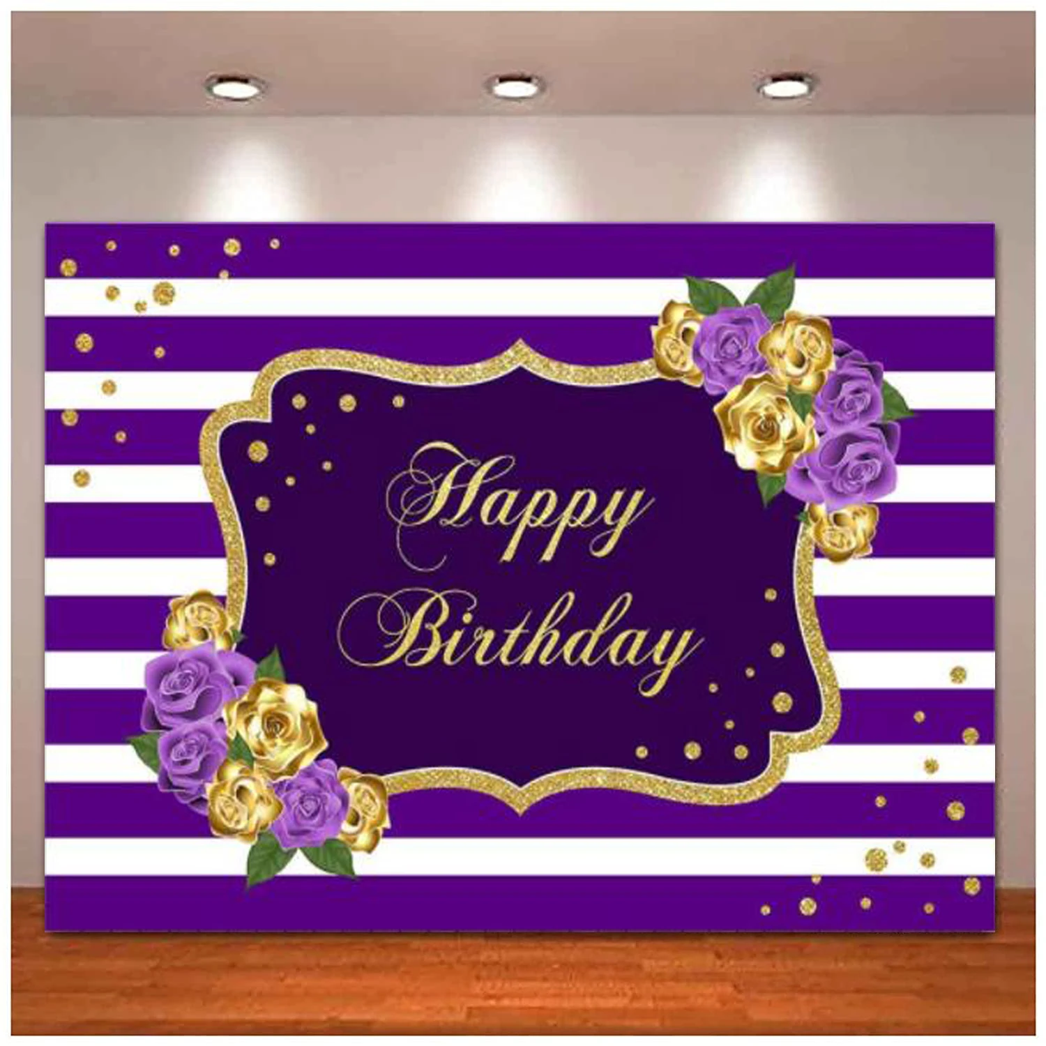 

Photography Backdrop Gold And Purple Floral Decorations Purple White Stripe Gold Dots Sweet 16th Happy Birthday Party Background