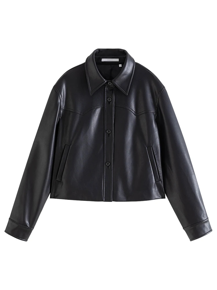 セルフシックまたはレトロなPUレザーのジャケット、女性用ヘビーワークデザイン、ブラックレザーコート、ボタン装飾、ストレートボディ、通勤用