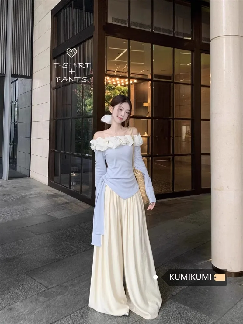 

Элегантные широкие брюки с длинными рукавами, комплект из двух предметов, женский весенний модный комплект для похудения, одно слово, топ, низ, комплект Wh13