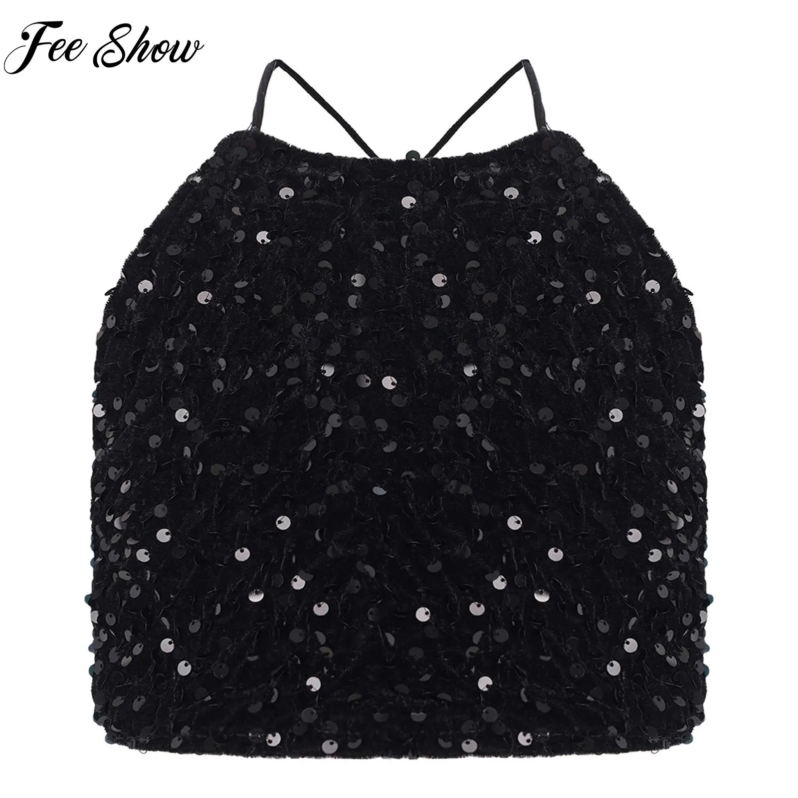 Kids Girls Jazz Street Dance Performance Costume Sleeveless Cross Back Sparkly Sequins Velvet Crop Top Dance Competition Clothes