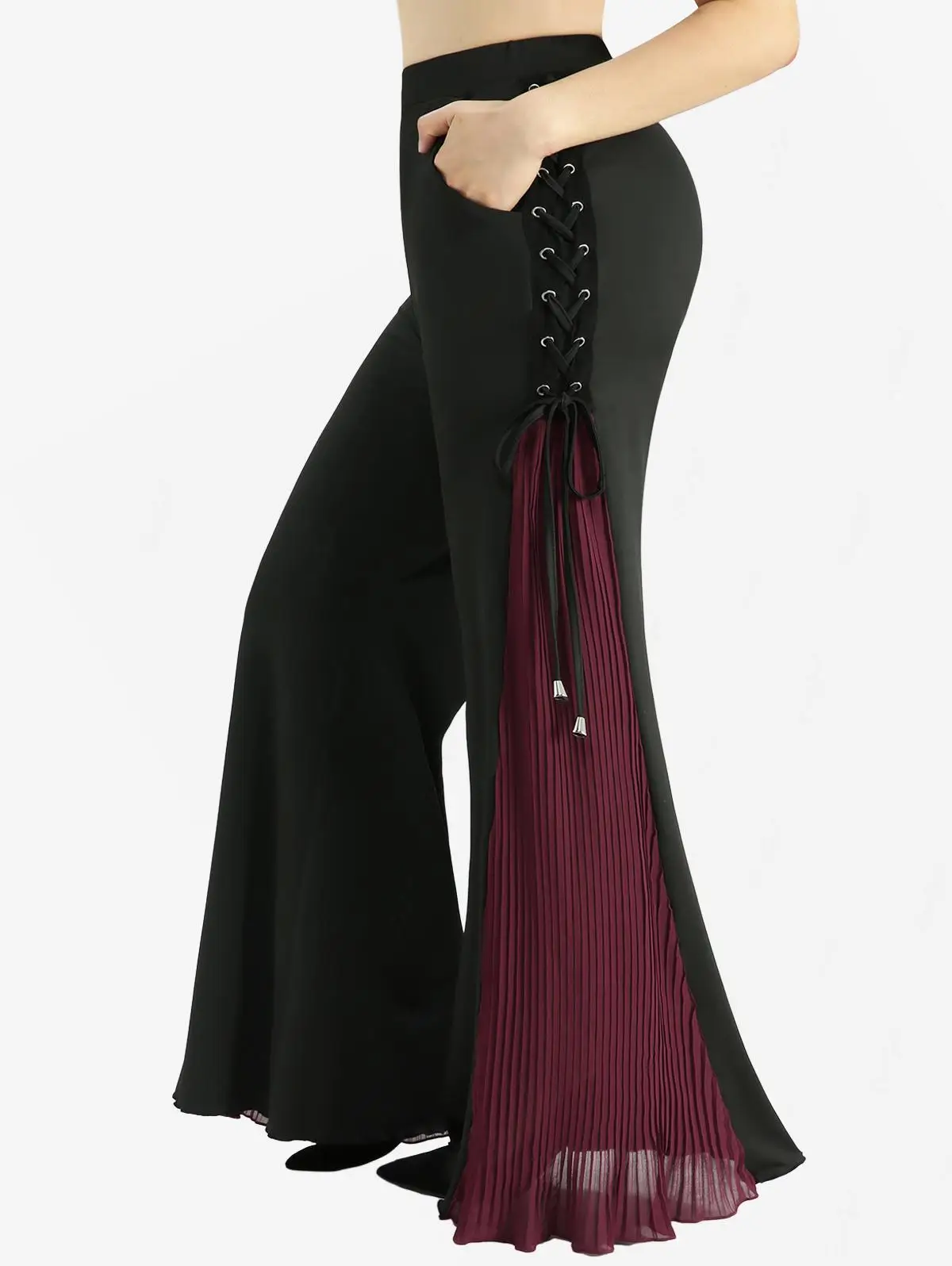 

ROSEGAL Plus Size Flare Pants Women Casual Trousers Bottoms Grommets Lace Up Pleated Patchwork Pant With Pockets