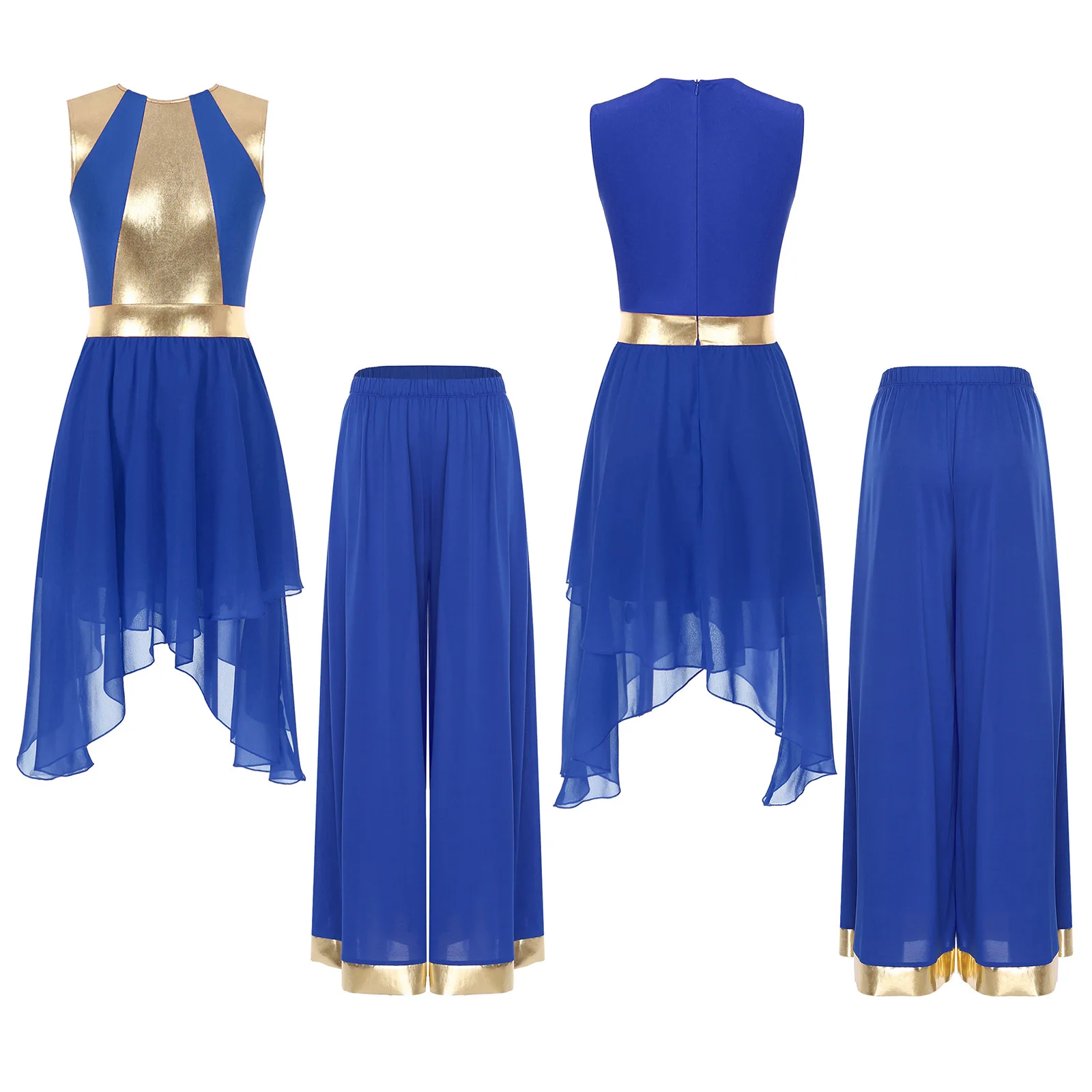 إمرأة لامع لامع المرقعة الغنائية الرقص الزي بلا أكمام فستان غير منتظم بنطال ذو قصة أرجل واسعة العبادة للرقص الحديث