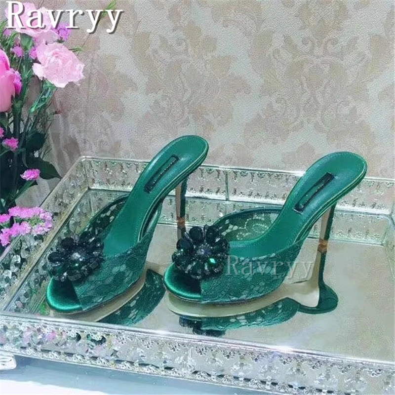 Rhinestone Flowers Lace Slippers Female Summer New Fashion Peep Toe Thin High Heel Sandals Outside Lady Crystal Half Slipper