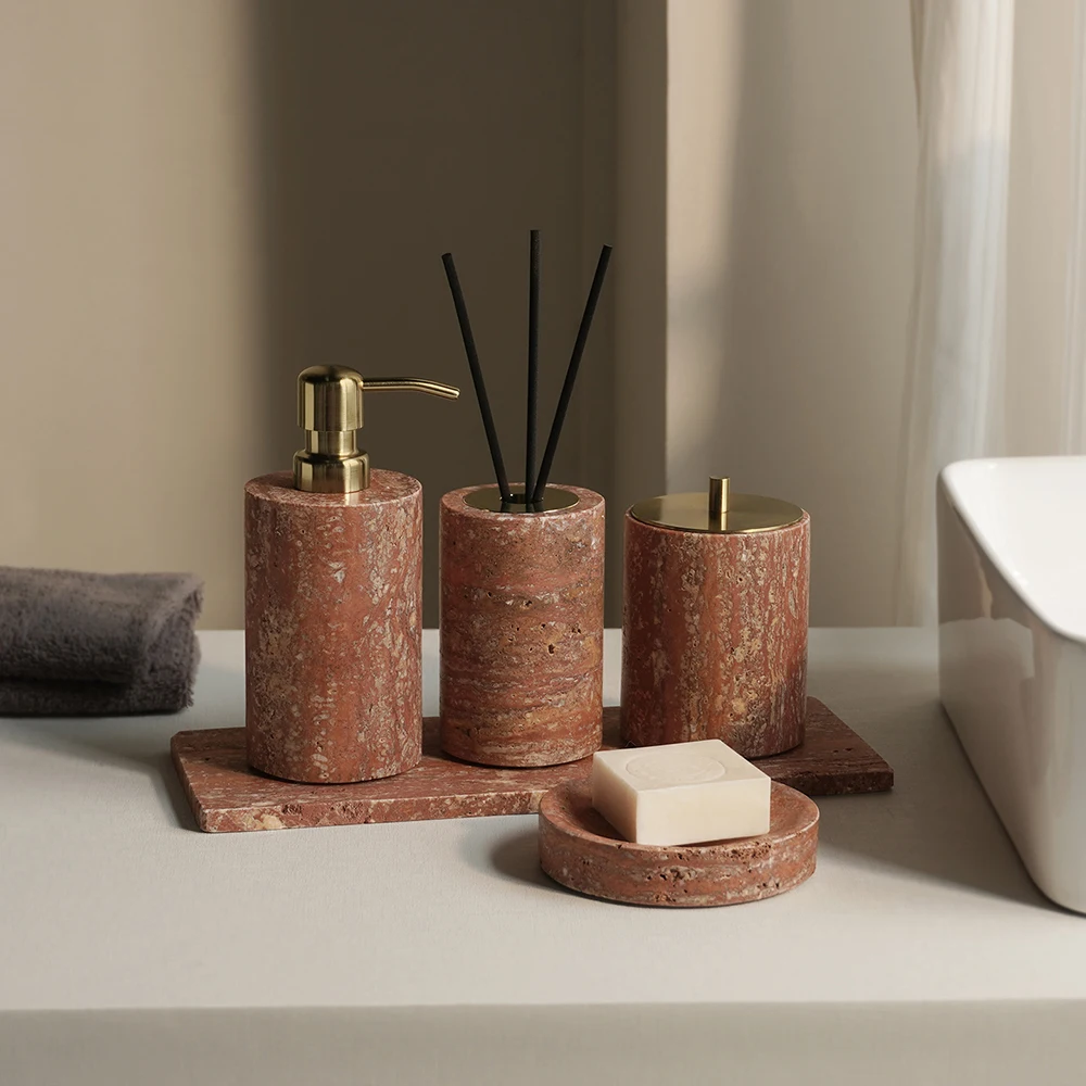 

Red Travertine Bathroom Set Vintage Soap Holder Soap Dispenser Tissue Box Vanity Tray Bathroom Accessories