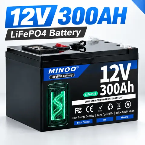 LiFePO4 12V 300AH 12V 200AH Battery Free Charger 12V Lithium Battery Built-In 300A BMS 6000+ Cycle For Solar RV Marine Energy