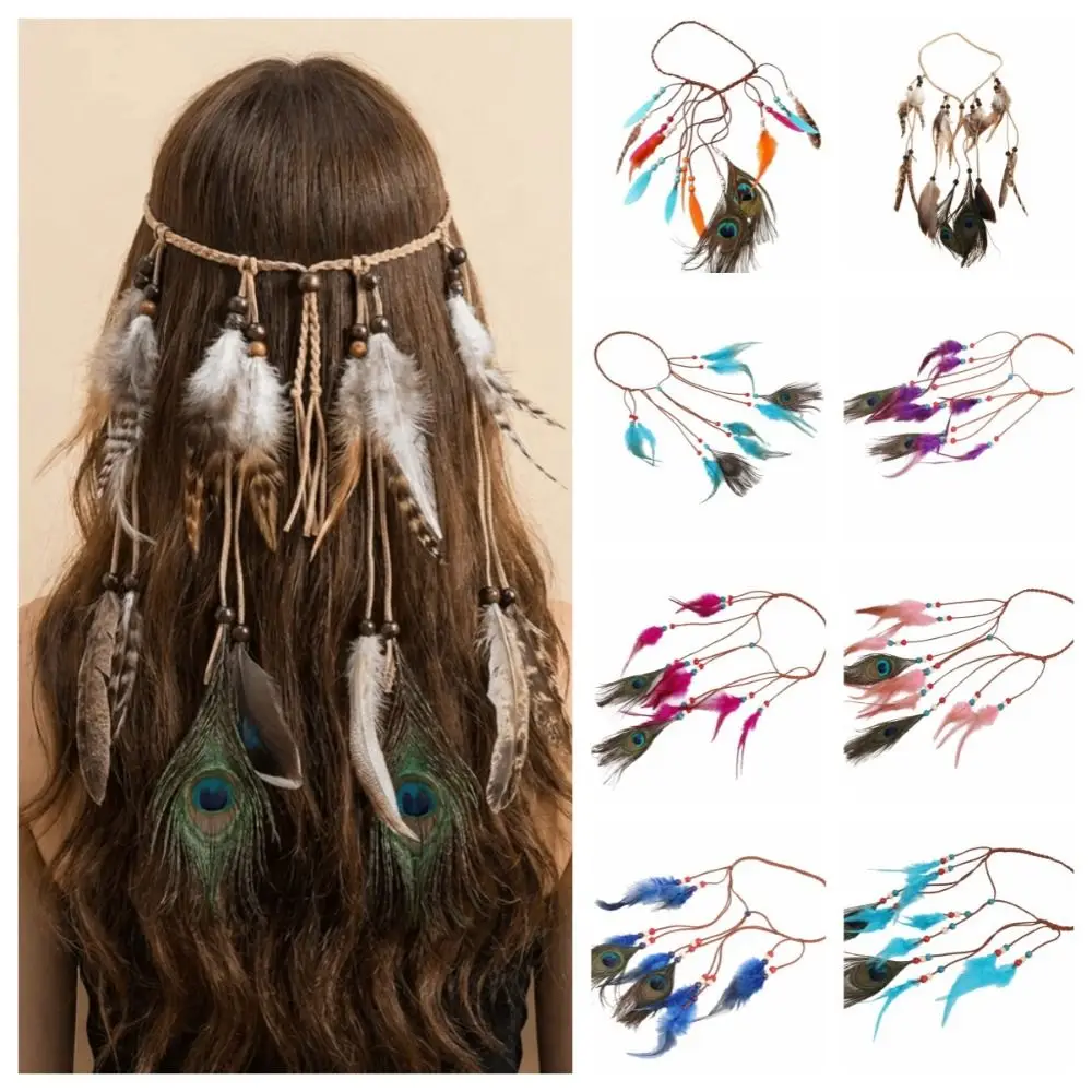 Cascading Tassels Long Feather Headpiece Braided Cord Intricate Beadwork Bohemian Tassel Headband Slip-knot Adjuste