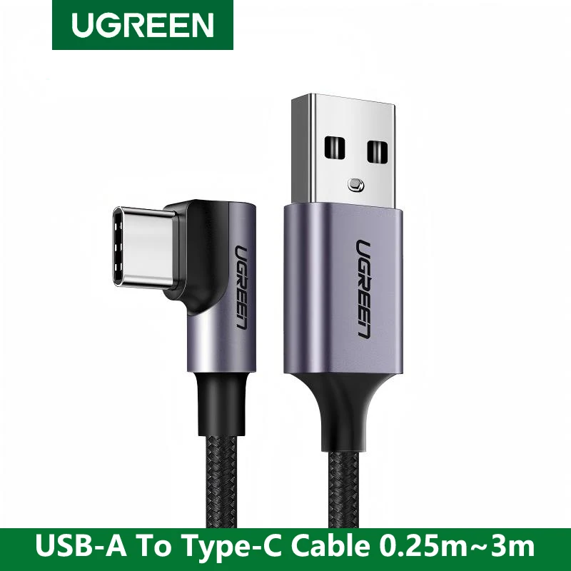 UGREEN Kabel USB A do Type C z kątowym złączem 90 stopni, oplotowany, 3A, do ładowania i transmisji danych, kompatybilny z APPLE, Samsung, Xiaomi, iPhone 17, Android, Carplay