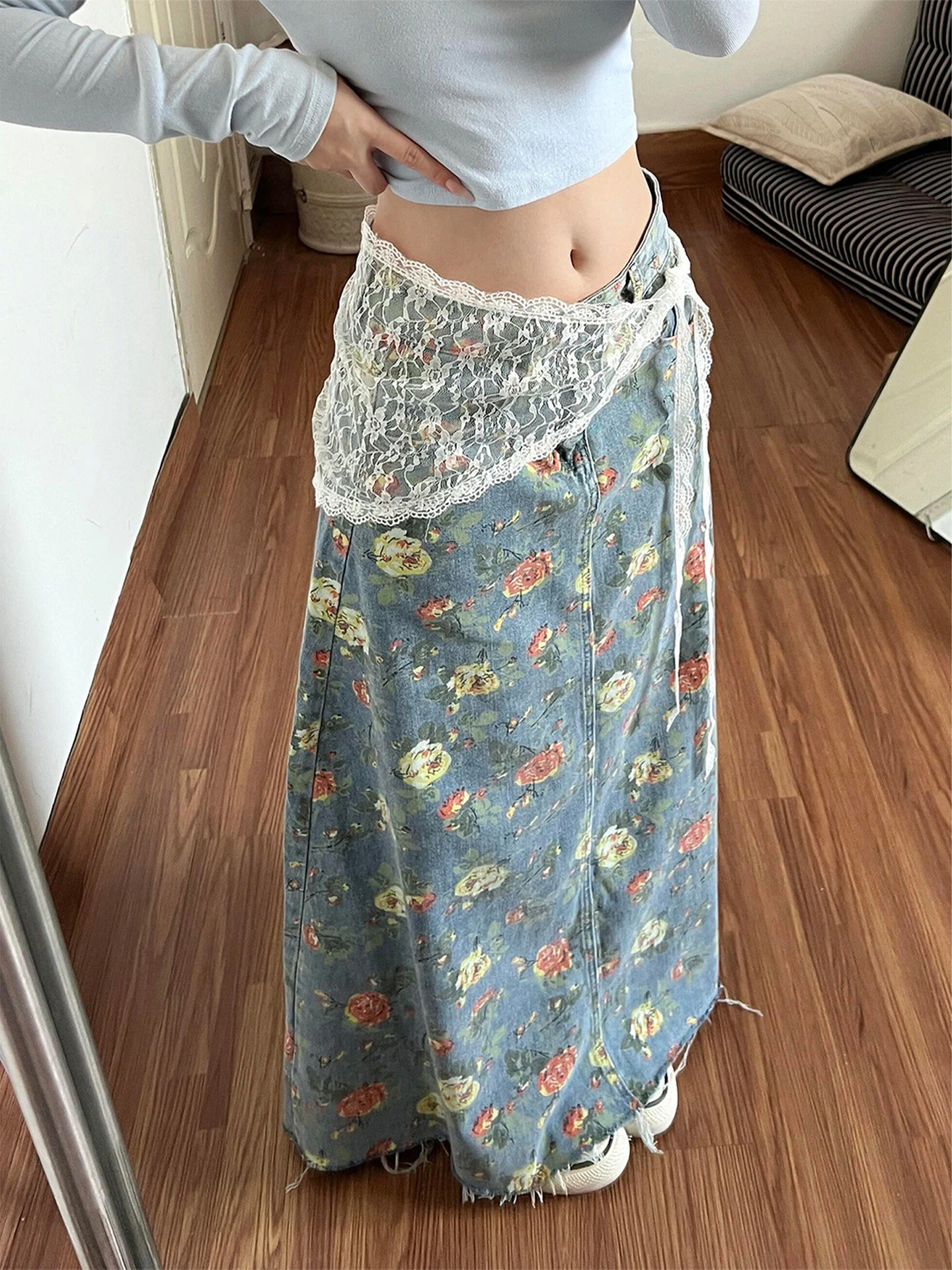 

Ретро-юбка женская джинсовая синяя с цветочным принтом, свободного кроя, весна-лето, модный дизайн, высокая талия, А-силуэт