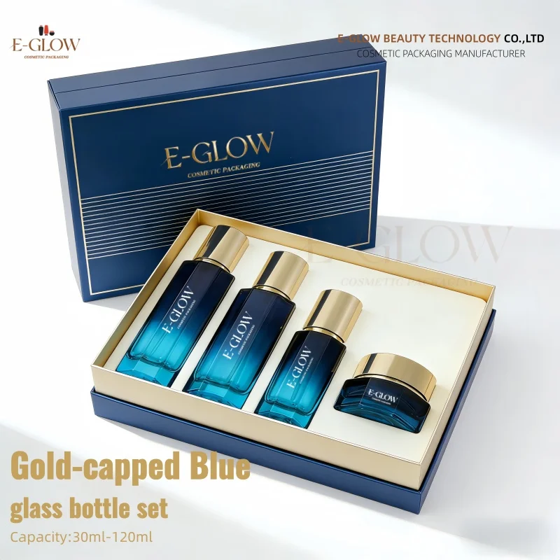 【Logo Custom】1Pcs Blue Glass Cosmetic Set Gold Cover 100ml Screen Printed 50g Face Cream Jar & Makeup Lotion/Spray Toner Bottle