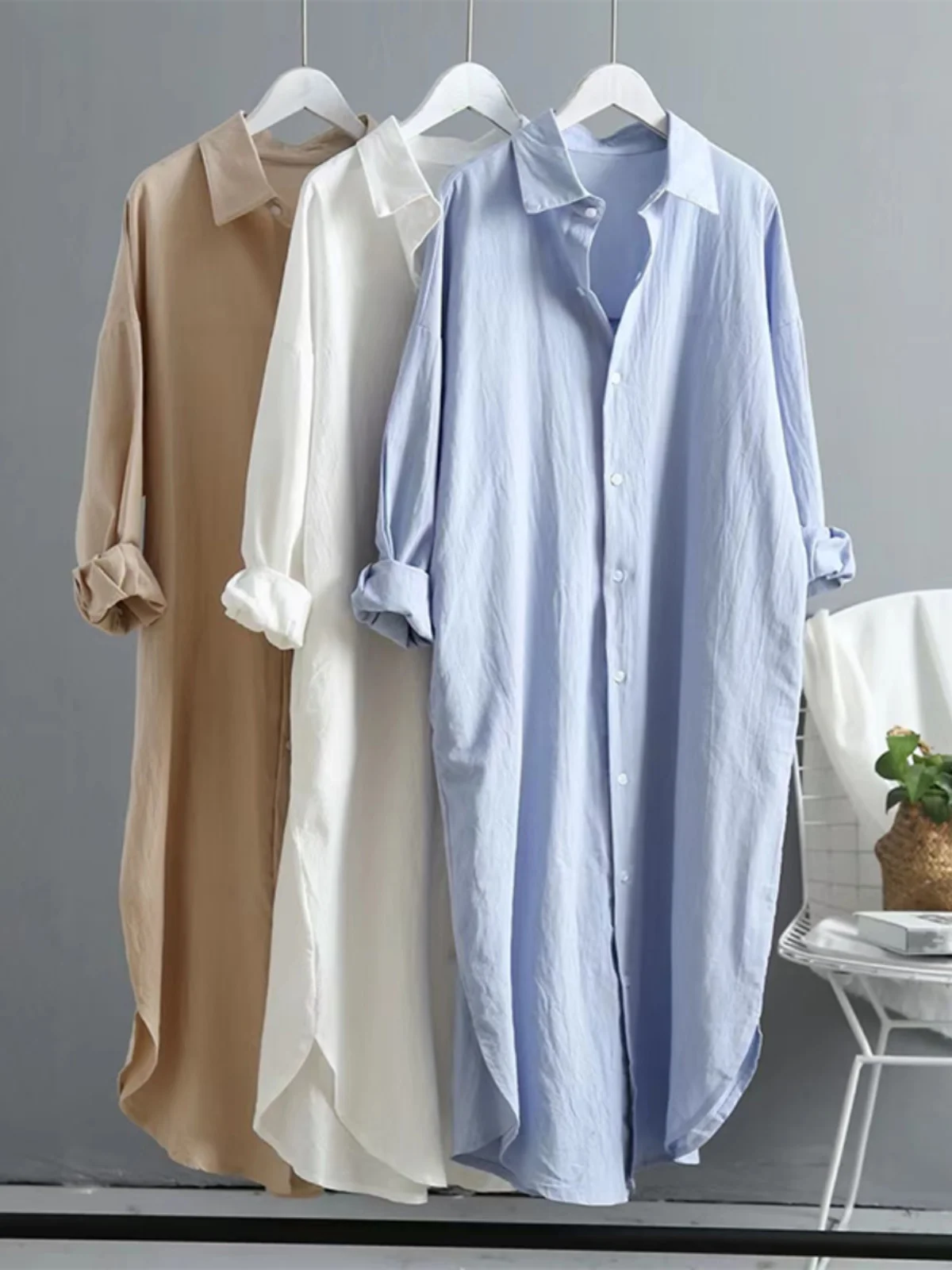 

Loose Cotton Linen Women's irt Summer Anti-UV Long Sve Mid-Length Collar Button-Up Vintage Sle Pure Color Commute...