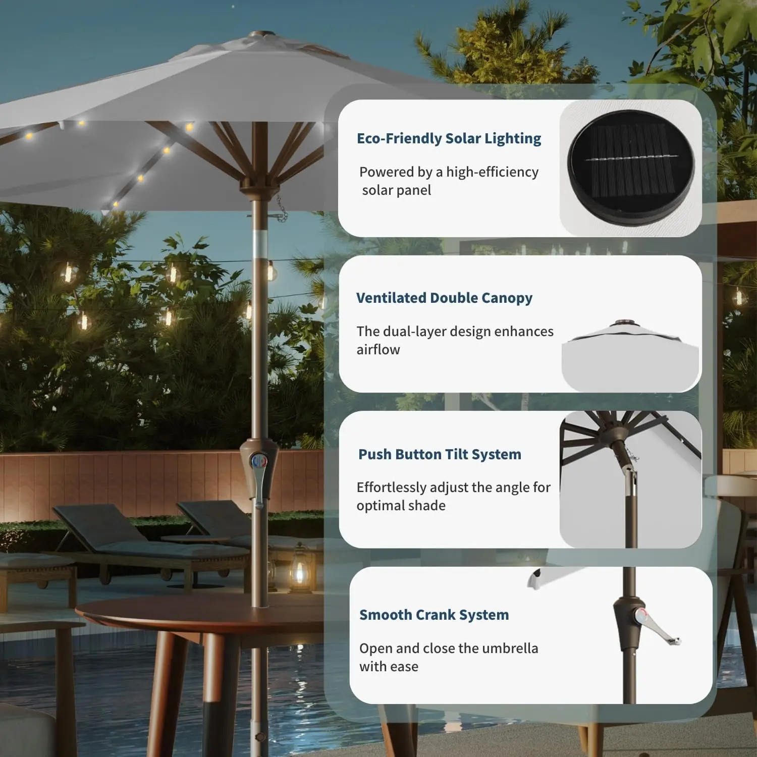 مظلة فناء LED تعمل بالطاقة الشمسية بطول 10 أقدام مع إمالة وكرنك، مقاومة للأشعة فوق البنفسجية للاستخدام الخارجي باللون الرمادي