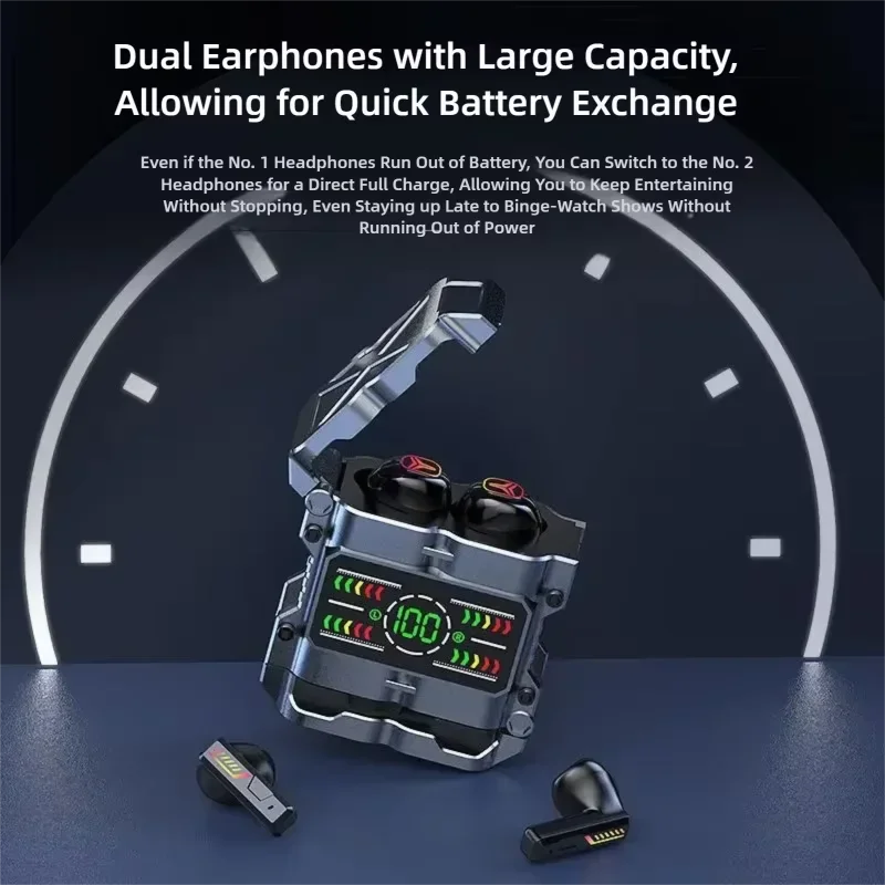 Mecha TWS Bluetooth 5.3 Gaming Earbuds Creative Two Pairs Earphones Design Low Latency LED Digital Display for Gamer Music